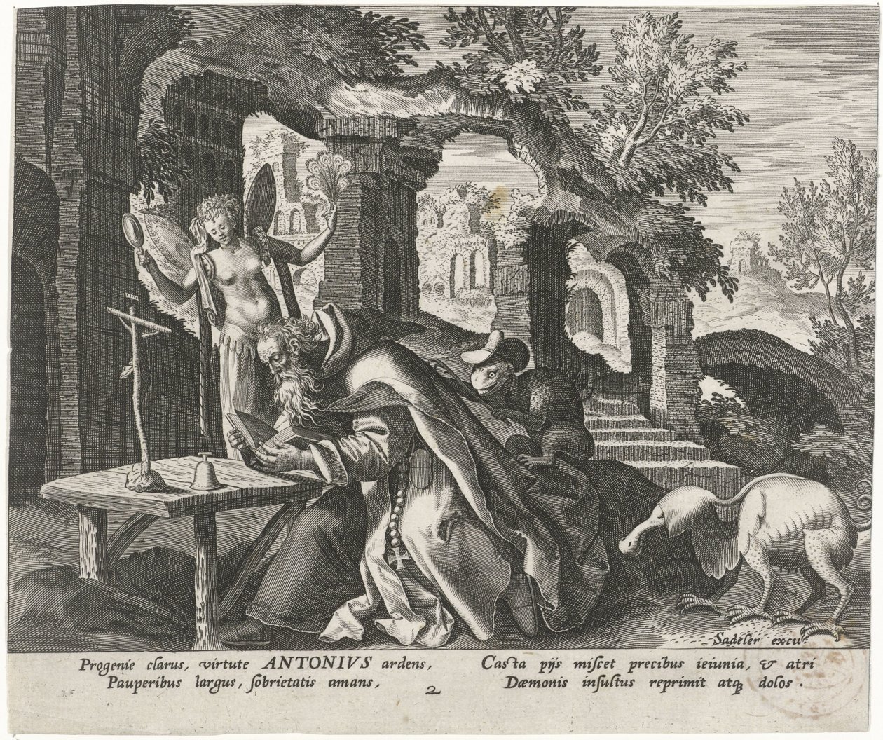 Anthony den Store som eneboer Mandlige eremitter (serietitel) Solitudo Sive Vitae Patrum Eremicolarum (serietitel) af Johann Sadeler (I)