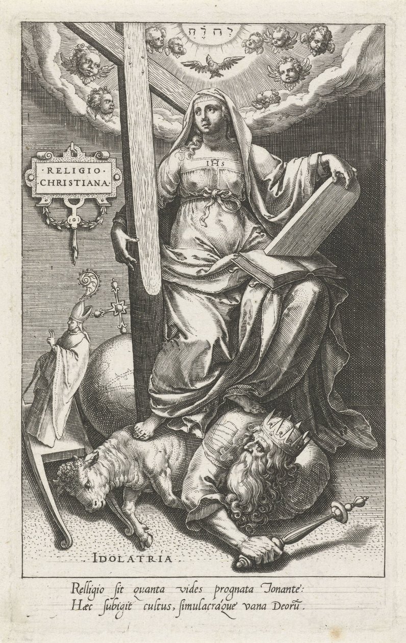 Kristen religion (Religio Christiana) overvinder afgudsdyrkelse (Idolatria) Religion Christiana (titel på objekt) Dyderne erobrer lasterne (serietitel) af Johann Sadeler (I)