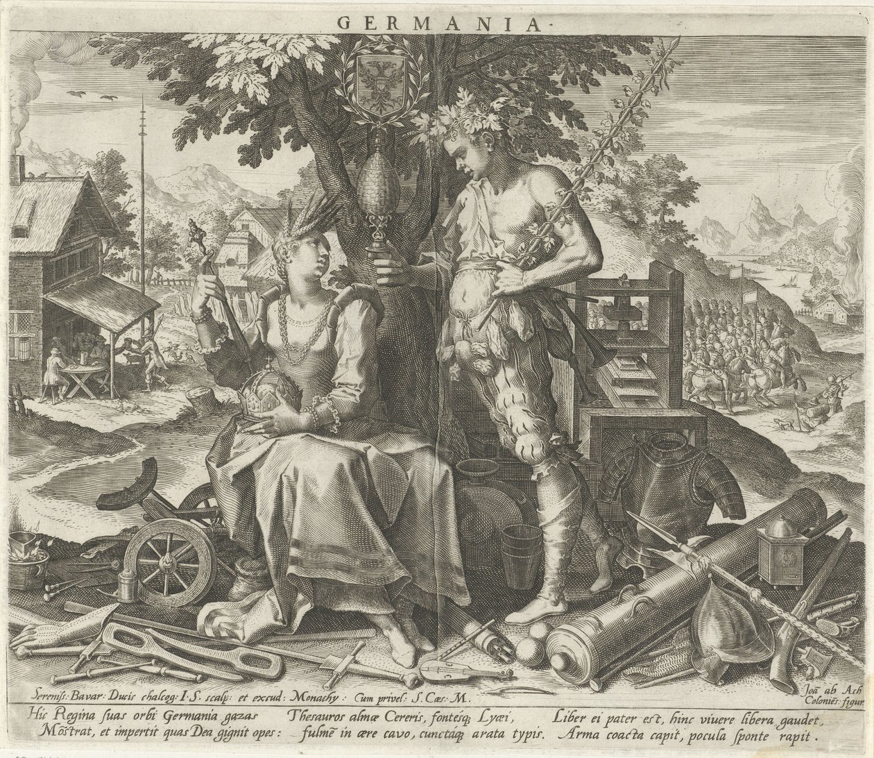 Tyskland med Ceres og Bacchus Germania (titel på objekt) Allegoriske fremstillinger af europæiske lande (serietitel) af Johann Sadeler (I)