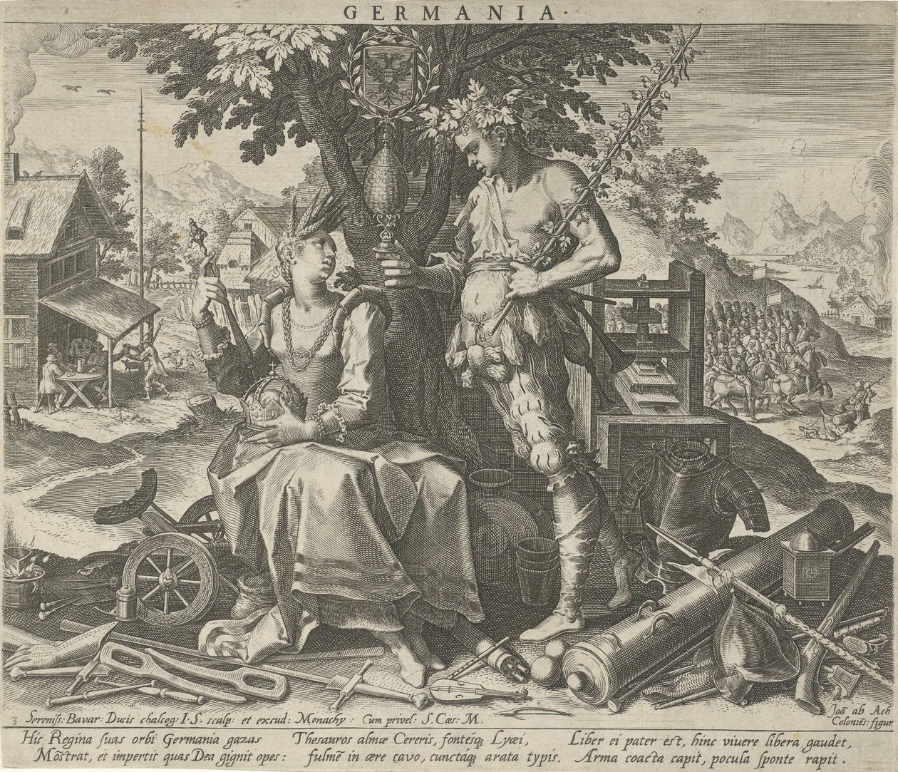 Tyskland med Ceres og Bacchus Germania (titel på objekt) Allegoriske fremstillinger af europæiske lande (serietitel) af Johann Sadeler (I)
