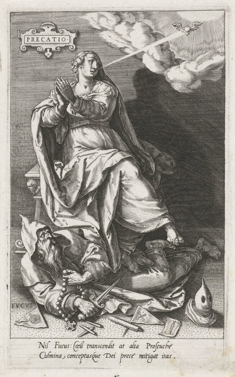 Bøn (Precatio) overvinder hykleri (Fucus) Precatio (titel på objekt) Dyderne erobrer lasterne (serietitel) af Johann Sadeler (I)