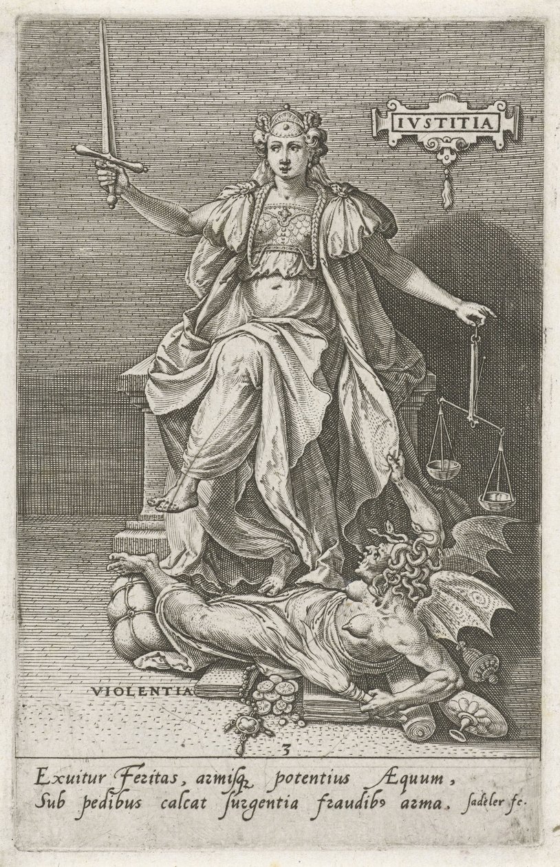 Retfærdighed (Justitia) overvinder vold (Violentia) Retfærdighed (titel på objekt) Dyderne erobrer lasterne (serietitel) af Johann Sadeler (I)