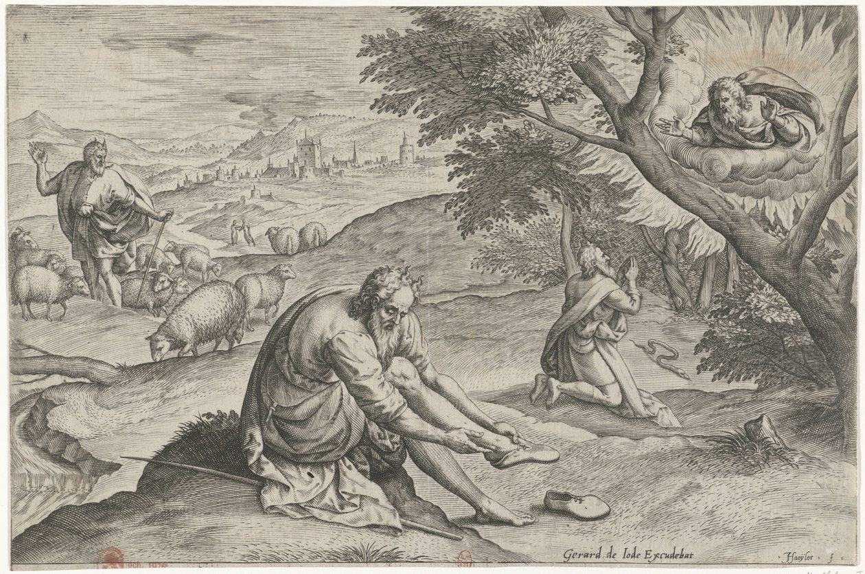 Gud viser sig for Moses i den brændende busk Historien om Moses før udvandringen (serietitel) Historia plagarum in Aegijpto (serietitel) af Johann Sadeler (I)