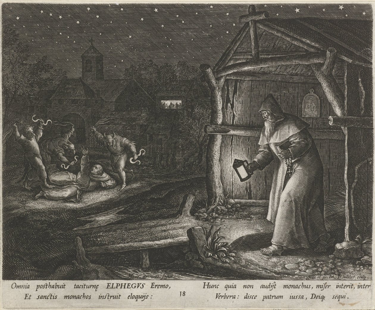 Saint Alphegus of Canterbury som eremit Eremitternes dydige liv (serietitel) Trophaeum vitae solitariae (serietitel) af Johann Sadeler (I)
