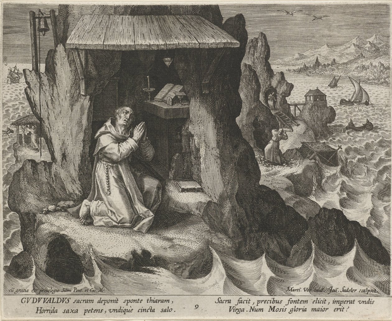 Saint Gudwal af Wales som eremit Eremitternes dydige liv (serietitel) Trophaeum vitae solitariae (serietitel) af Johann Sadeler (I)