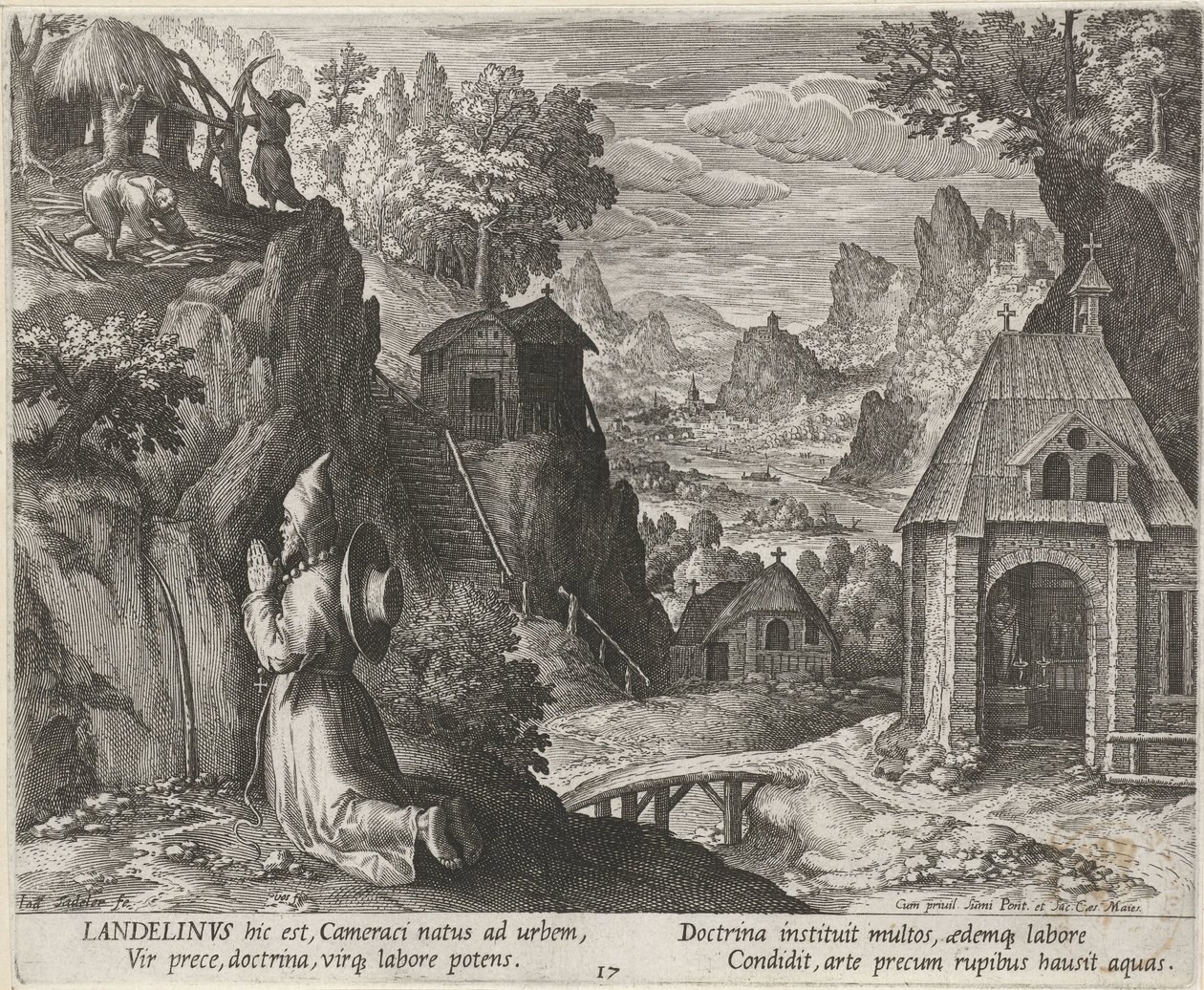 Sankt Landelinus som eneboer Eremitter (serietitel) Oraculum Anachoreticum (serietitel) af Johann Sadeler (I)