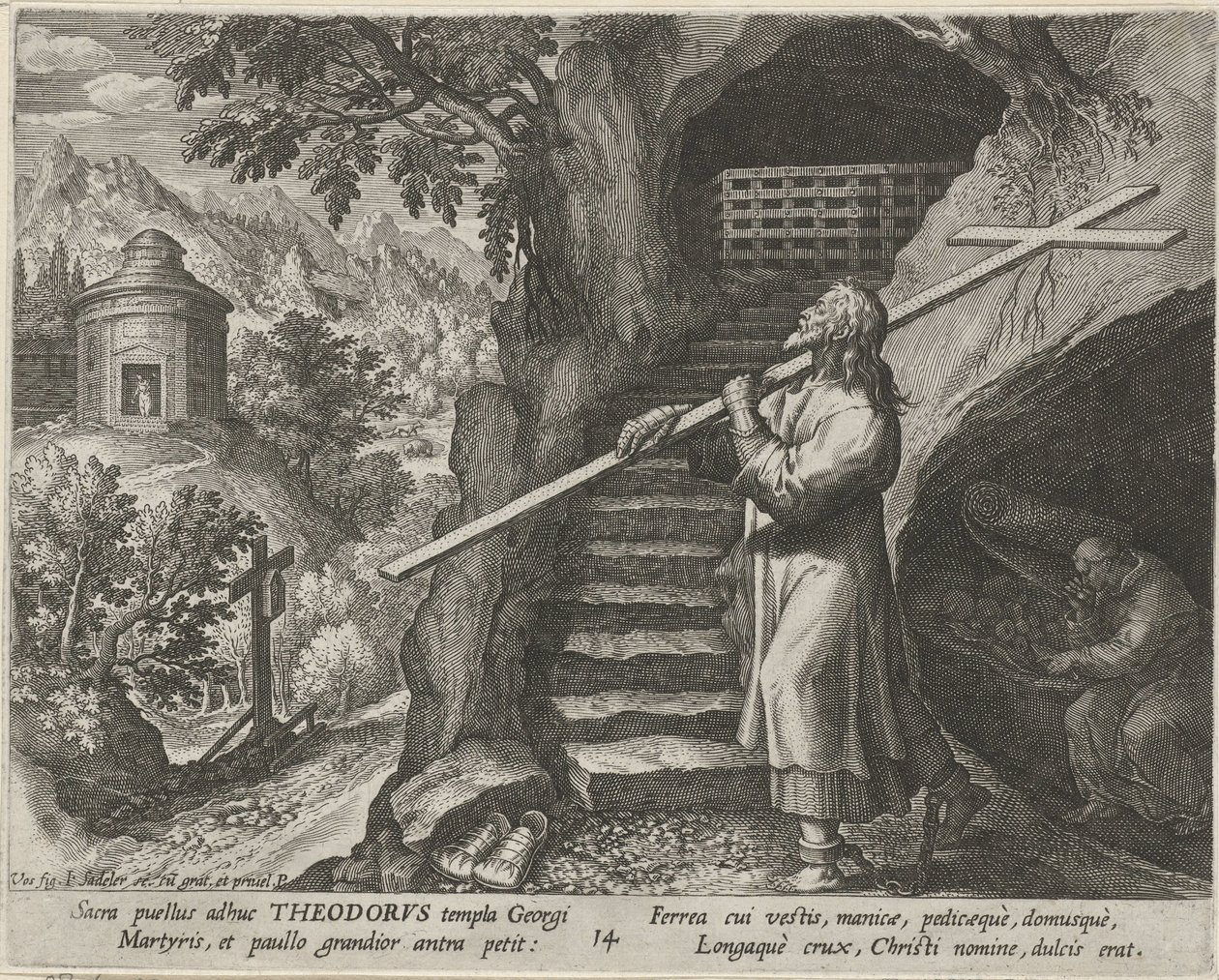 Sankt Theodore Tiro som Eremit Eremitternes dydige liv (serietitel) Trophaeum vitae solitariae (serietitel) af Johann Sadeler (I)
