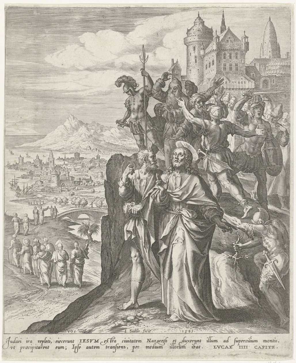 Indbyggere i Nazareth fordriver Kristus fra byen Scener fra Det Nye Testamente (serietitel) af Johann Sadeler (I)