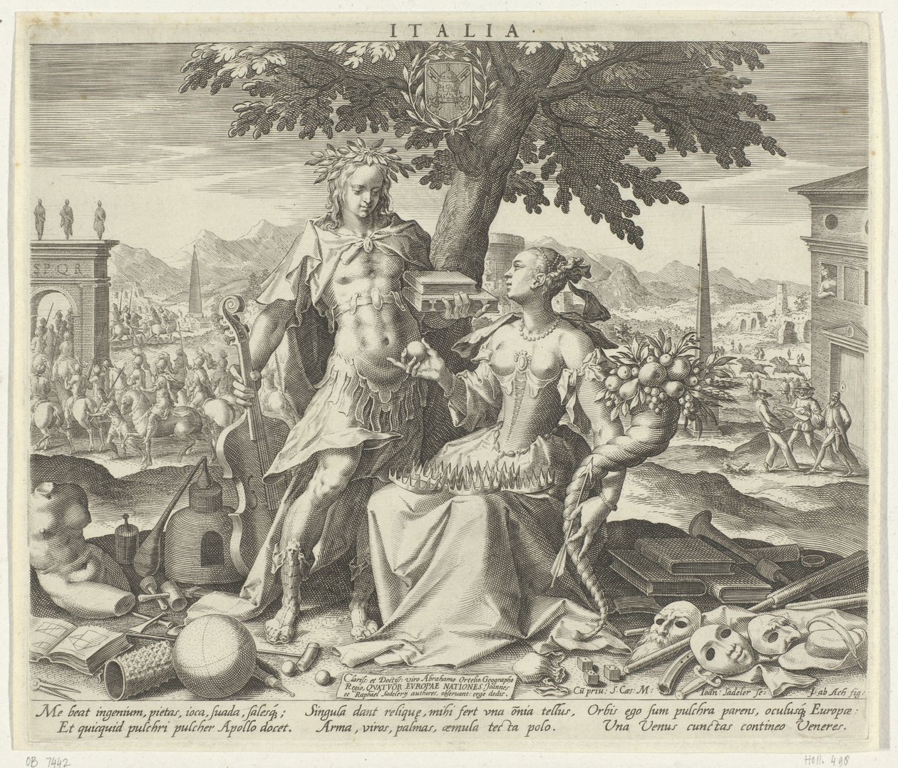 Italien, med Venus og Apollo Italien (titel på objekt) Allegoriske fremstillinger af europæiske lande (serietitel) af Johann Sadeler (I)