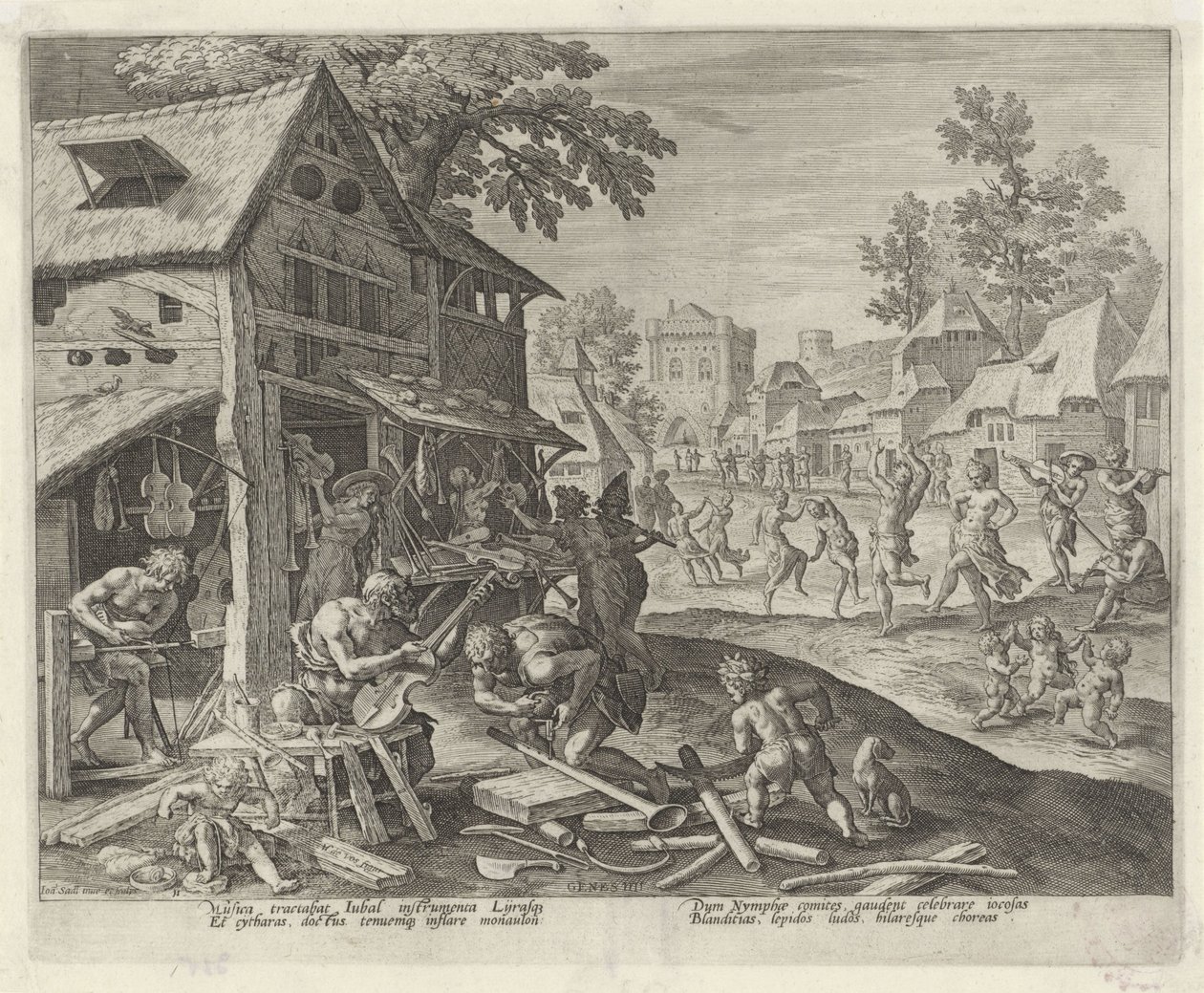 Jubal og hans familie laver musikinstrumenter Historien om Kains familie / Om gode og dårlige værker (serietitel) Boni et mali scientia (serietitel) af Johann Sadeler (I)