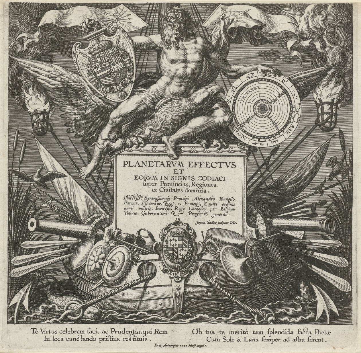 Jupiter en en krigsschip med våbenet af Alessandro Farnese Titelprent van een prentserie over de indflydelse van de planeten over streken Effekter af planeterne og deres tegn i stjernetegn (serietitel) Planetarvm effectvs og eorvm i stjernetegnene (ser af Johann Sadeler (I)