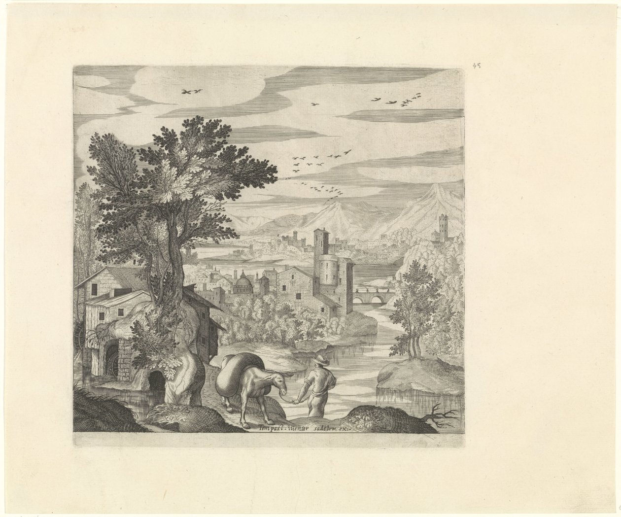 Landskab med en bonde og hans æsel Italienske landskaber (serietitel) af Johann Sadeler (I)