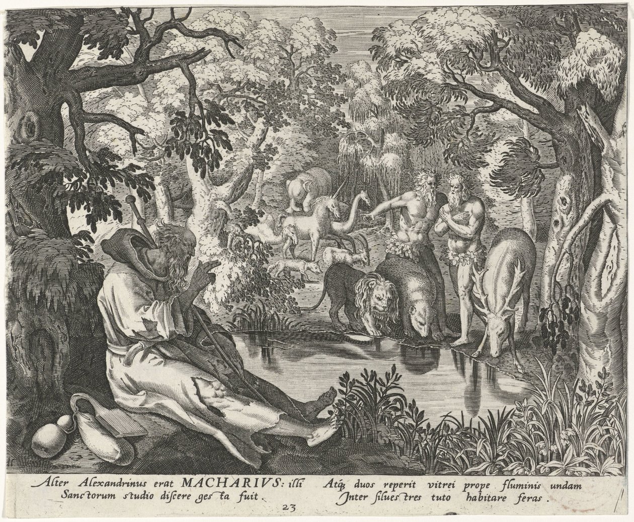 Macarius af Alexandria som eneboer Mandlige eremitter (serietitel) Solitudo Sive Vitae Patrum Eremicolarum (serietitel) af Johann Sadeler (I)