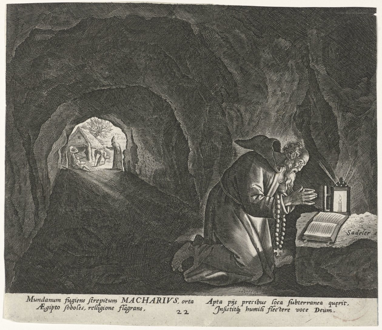 Macarius af Egypten som eremit Mandlige eremitter (serietitel) Solitudo Sive Vitae Patrum Eremicolarum (serietitel) af Johann Sadeler (I)