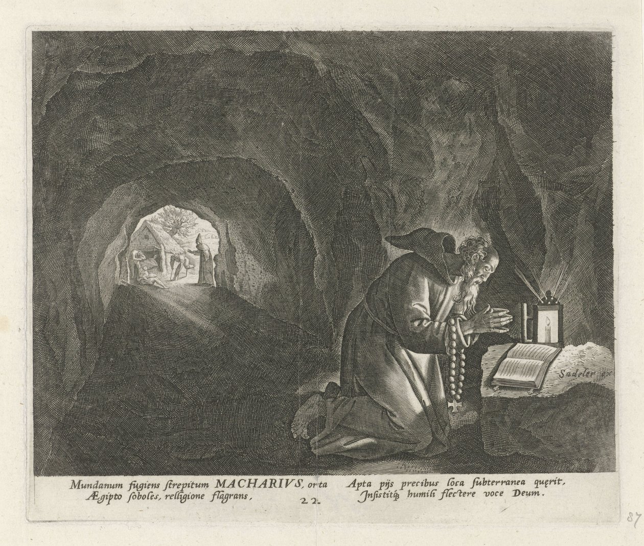 Macarius af Egypten som eremit Mandlige eremitter (serietitel) Solitudo Sive Vitae Patrum Eremicolarum (serietitel) af Johann Sadeler (I)