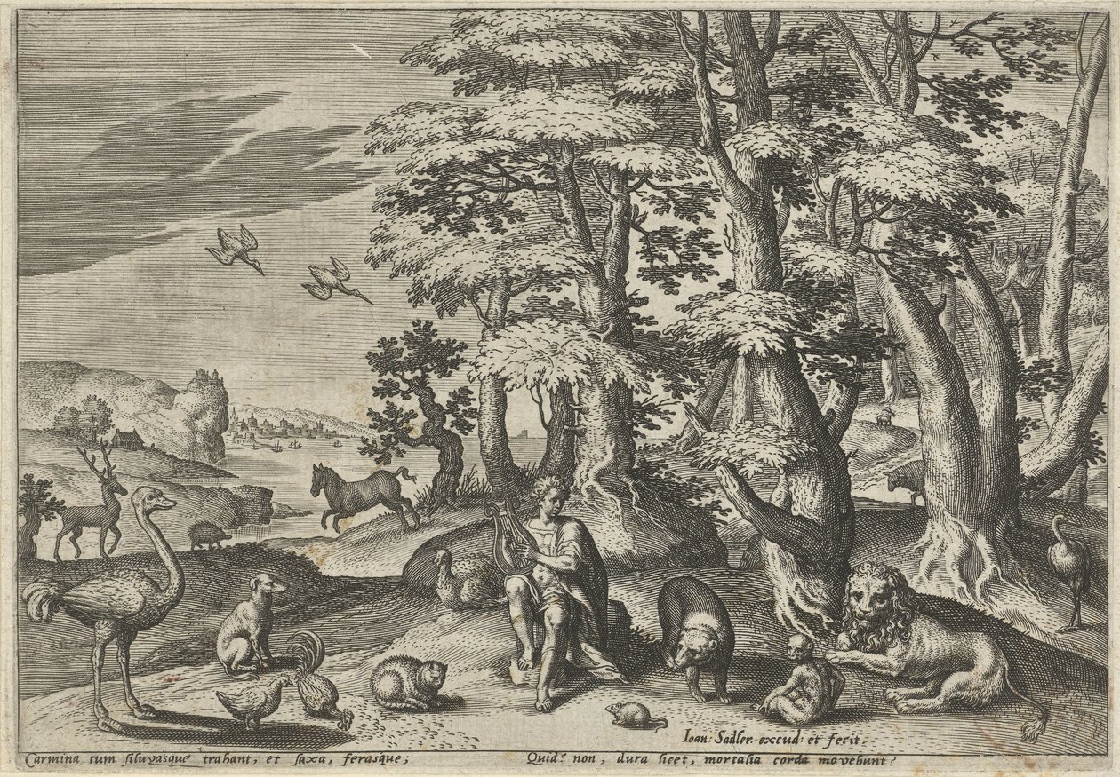 Orpheus, laver musik til dyrene Landskaber med mytologiske scener (serietitel) af Johann Sadeler (I)