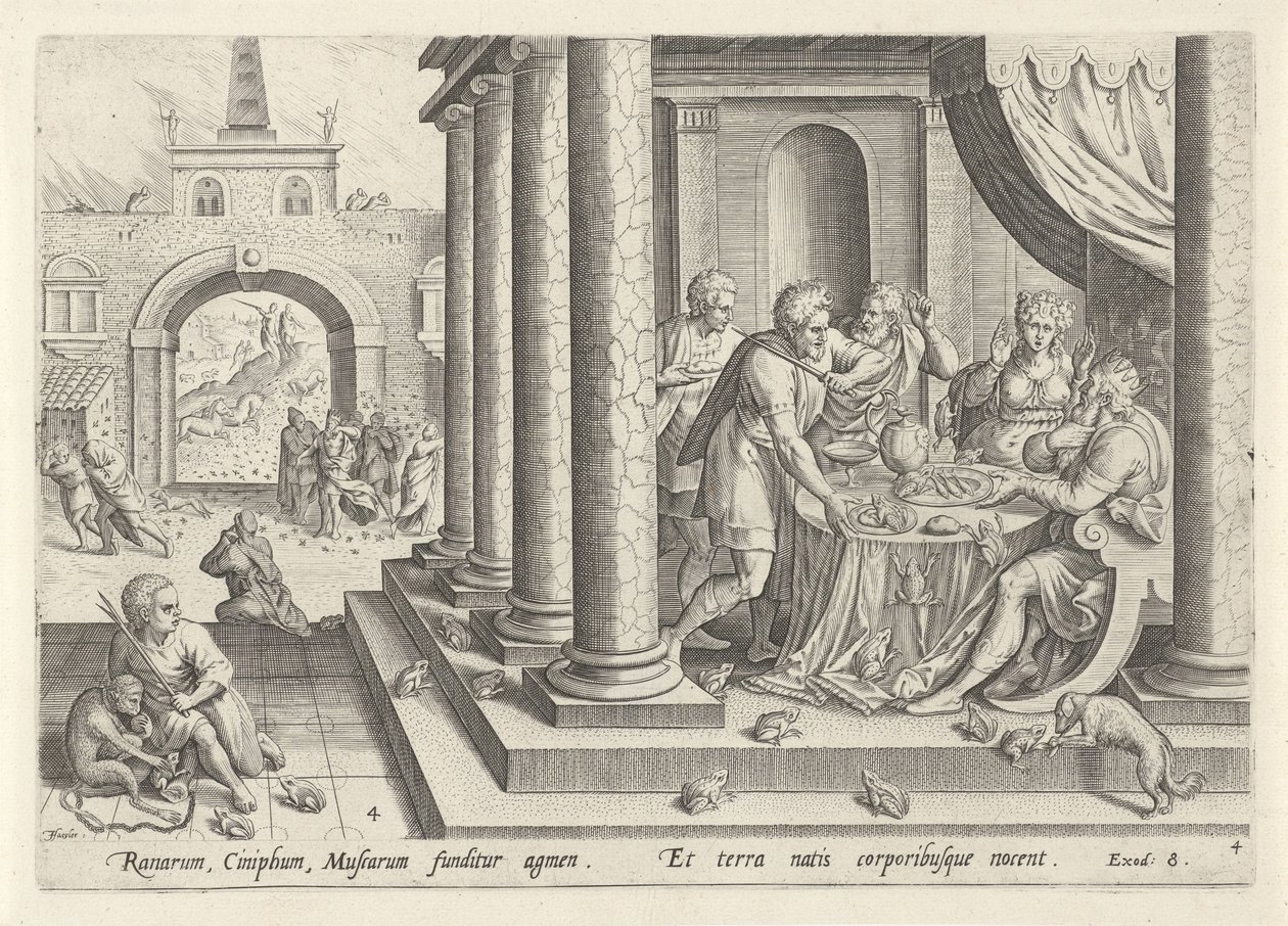 Frøernes og myggenes plage Historien om Moses før udvandringen (serietitel) Historia plagarum i Aegijpto (serietitel) af Johann Sadeler (I)