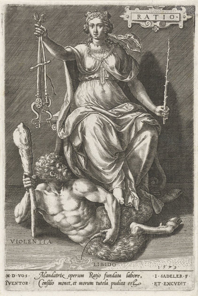 Fornuft (forhold) overvinder Violentia (Violentia) Forhold (titel på objekt) Dyderne erobrer lasterne (serietitel) af Johann Sadeler (I)