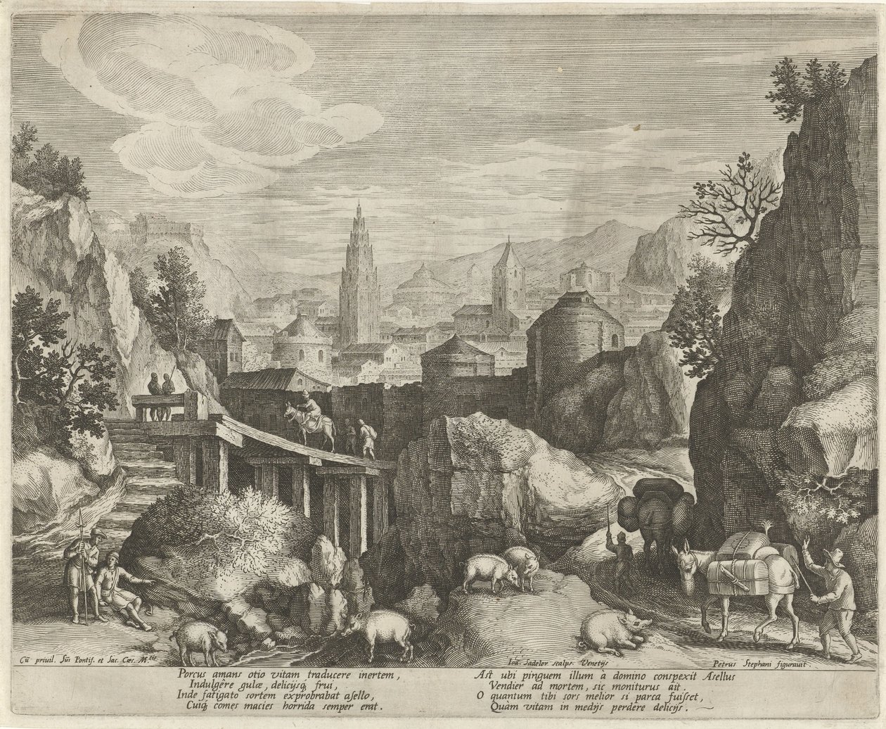 Klippelandskab med fabelen om æslet og vildsvinet Emblemer i et landskab (serietitel) af Johann Sadeler (I)