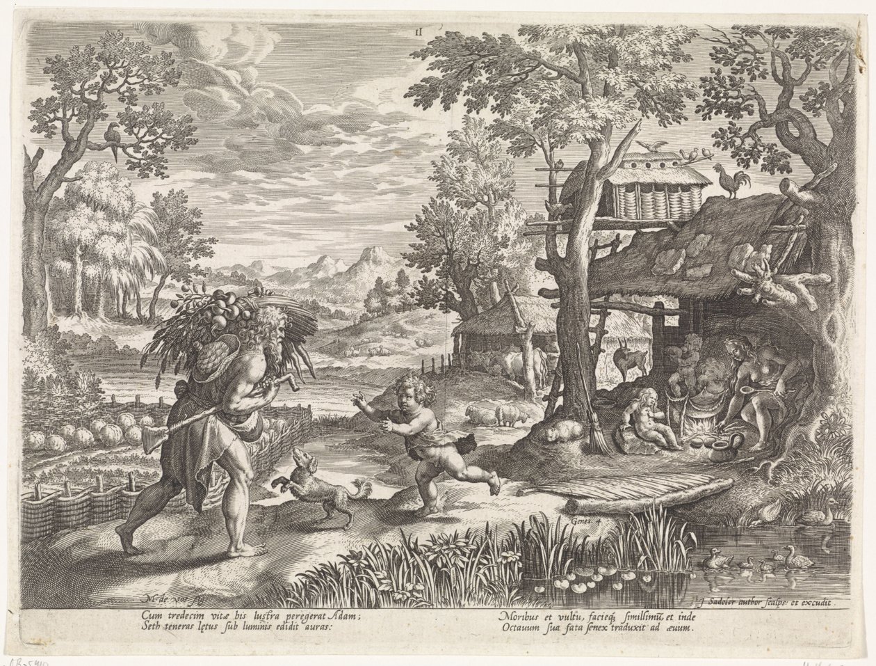 Set hilser på Adam, når han vender tilbage fra marken Historien om Sets familie / Bedømme de gode og de dårlige (serietitel) Bonorum et Malorum consensio (serietitel) af Johann Sadeler (I)