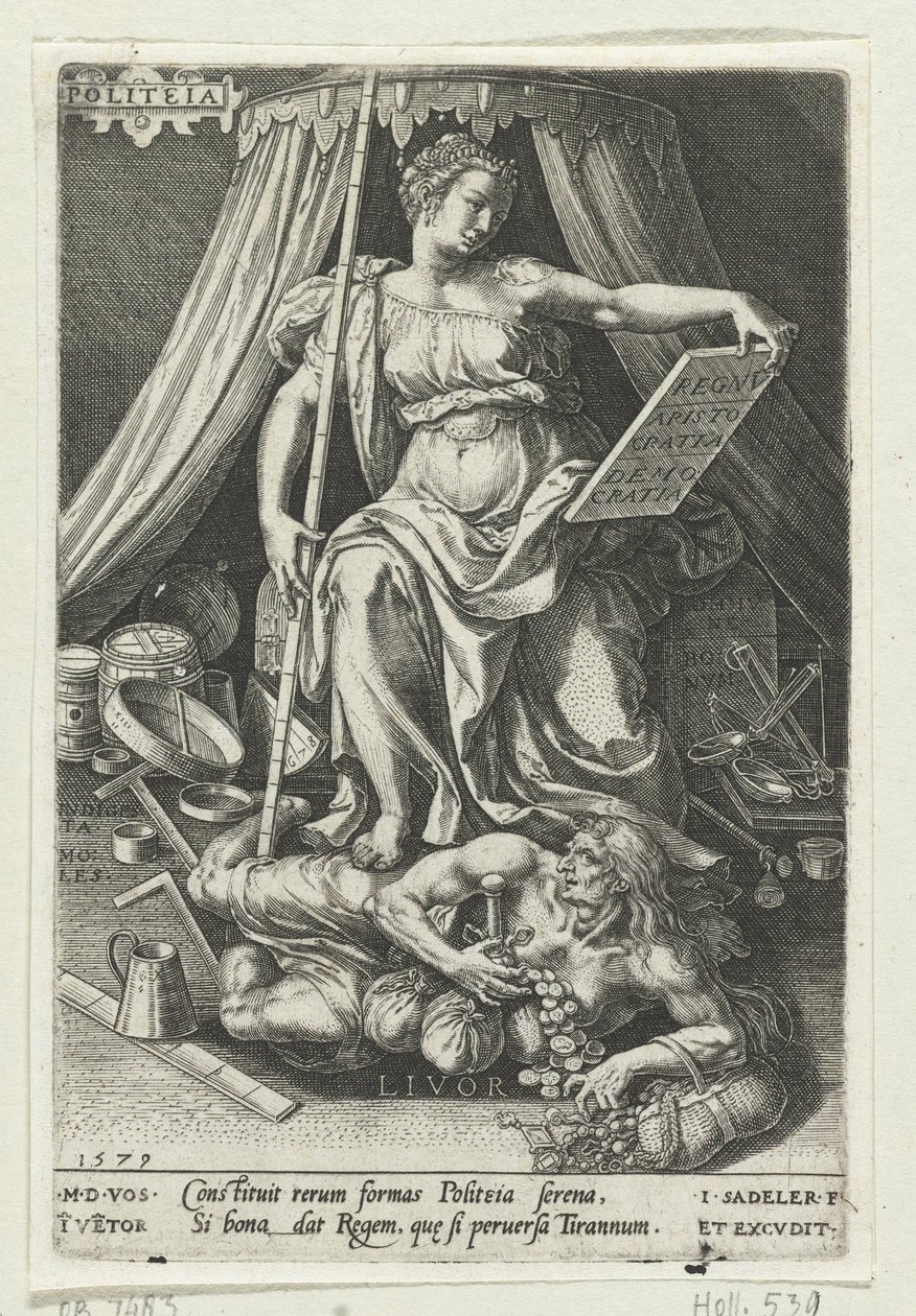 Statskunst (Politeia) erobrer Misundelse (Livor) Politeia (titel på objekt) Dyderne erobrer lasterne (serietitel) af Johann Sadeler (I)
