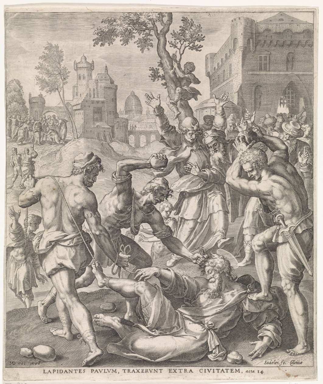 Stening af apostlen Paulus Apostlenes Gerninger (serietitel) af Johann Sadeler (I)