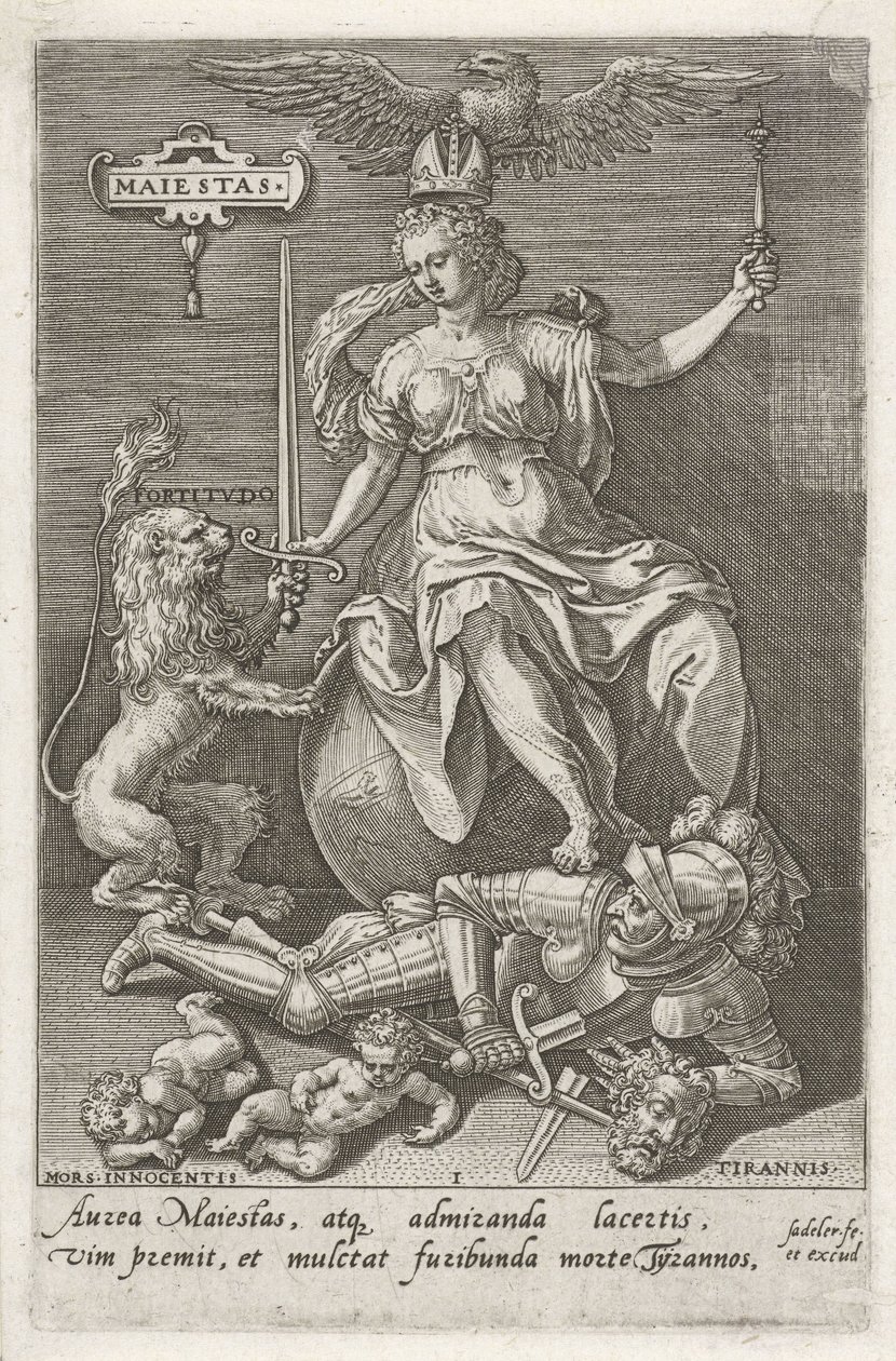 Værdighed (Majestas) overvinder Tyranni (Tyrannier) Maiestas (titel på objekt) Dyderne erobrer lasterne (serietitel) af Johann Sadeler (I)