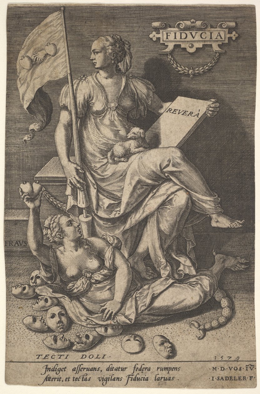 Fiducia, en siddende kvinde holder en bog og et banner, mens hun drejer hovedet væk fra en bar-br..., 1579. af Johann Sadeler I