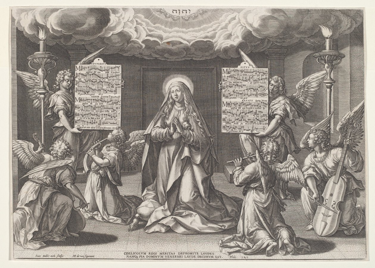 Magnificat: Jomfruen omgivet af musikskabende engle, 1585. af Johann Sadeler I