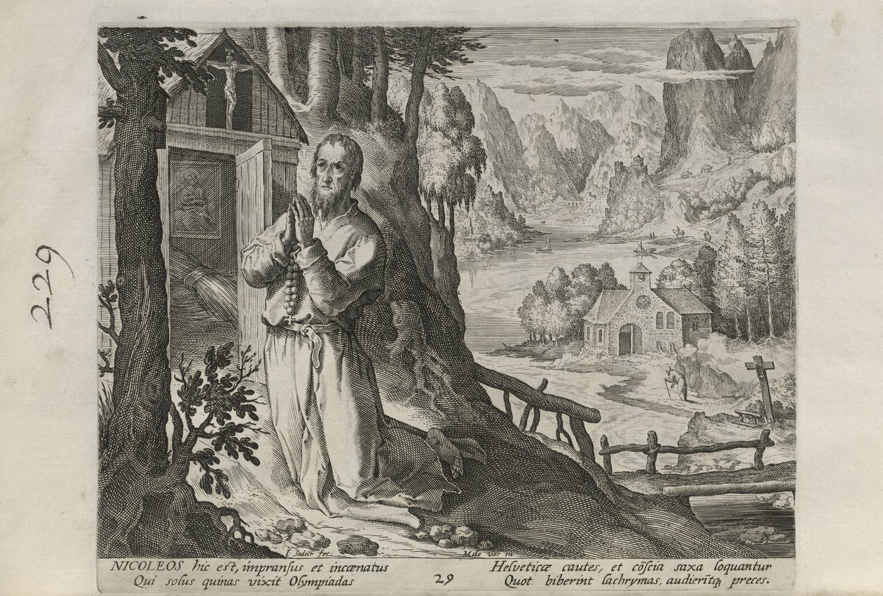 Nicoleos, planche 29 af 30 fra serien Sylvae Sacrae (Eremitter i landskaber) af Johann Sadeler I