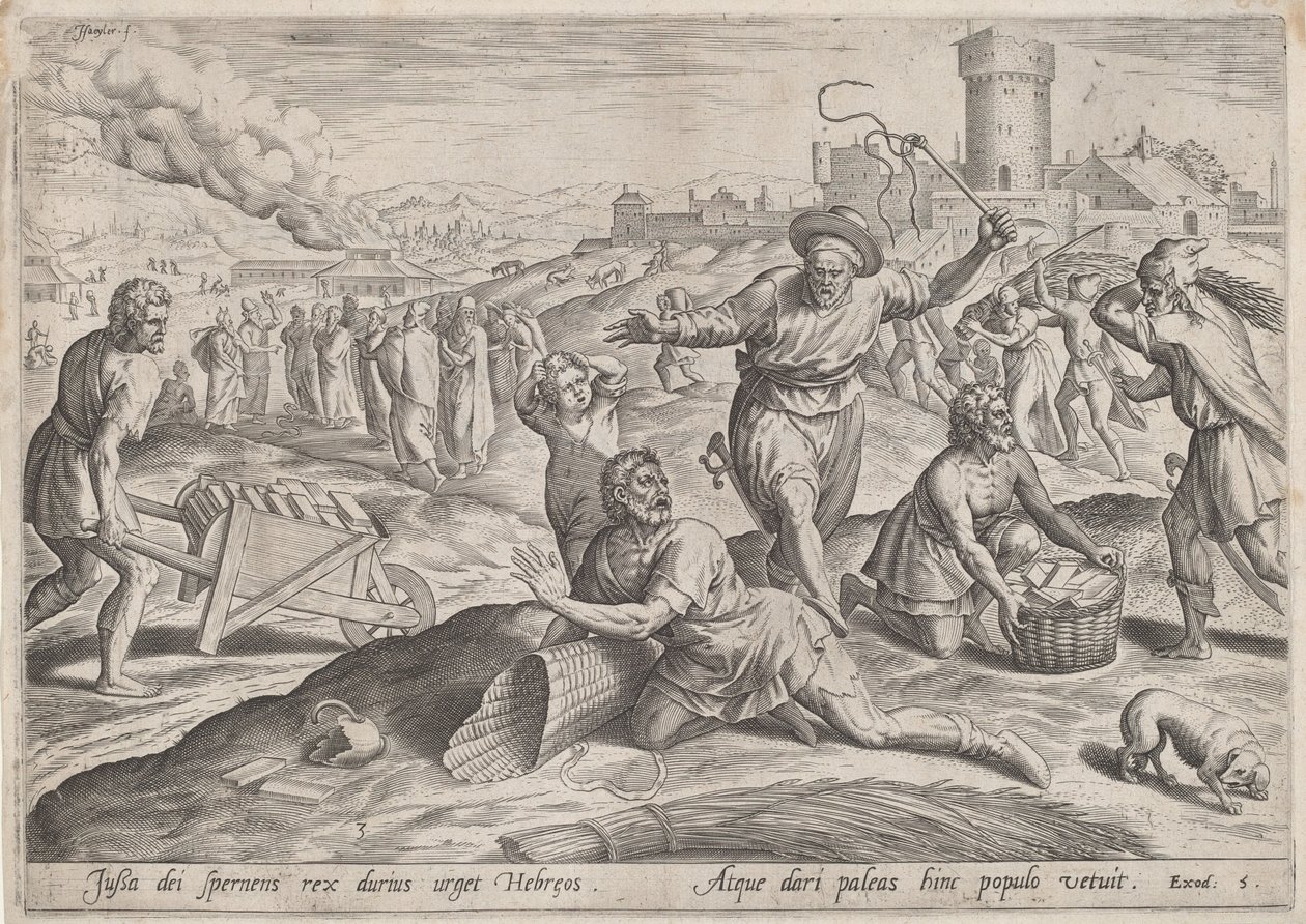 Faraos opgavemester, der slår israelitterne, ca. 1585. af Johann Sadeler I