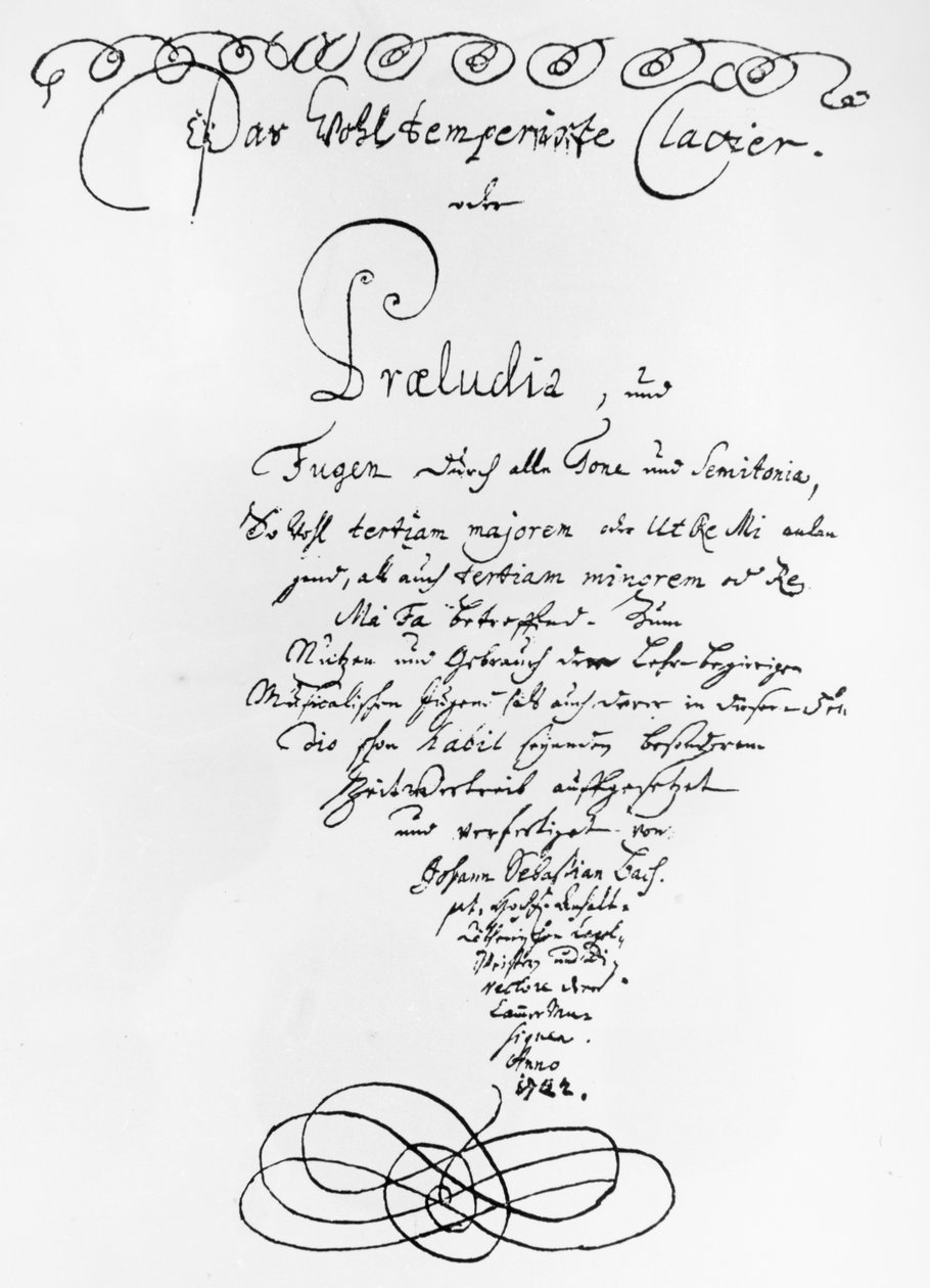 Håndskrevet titelblad for The Well Tempered Piano, 1722 (pen og blæk på papir) af Johann Sebastian Bach