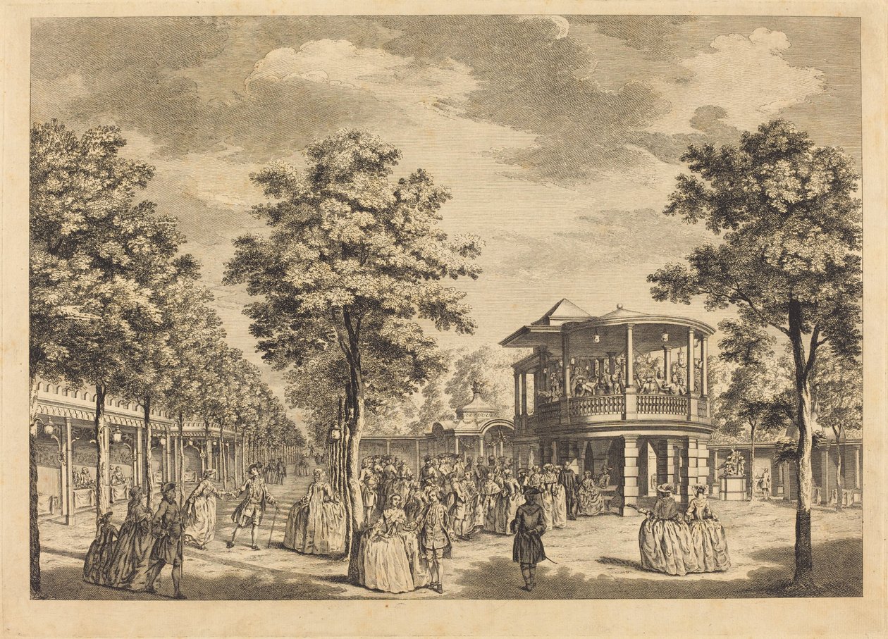 Vauxhall Gardens viser Grand Walk ved indgangen til haven og orkestret med musik af Johann Sebastian Müller after Samuel Wale