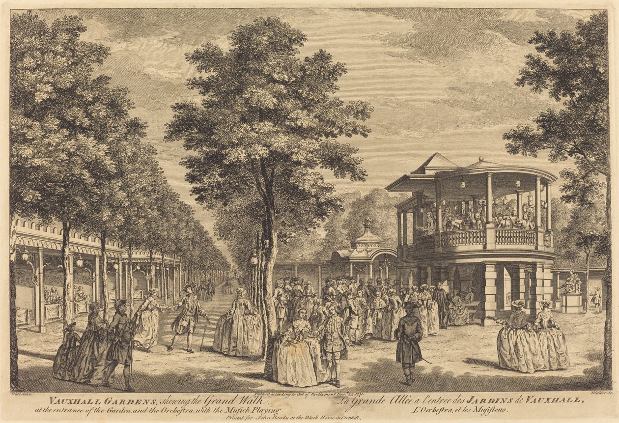 Vauxhall Gardens viser Grand Walk ved indgangen til haven og orkestret med musik af Johann Sebastian Müller after Samuel Wale