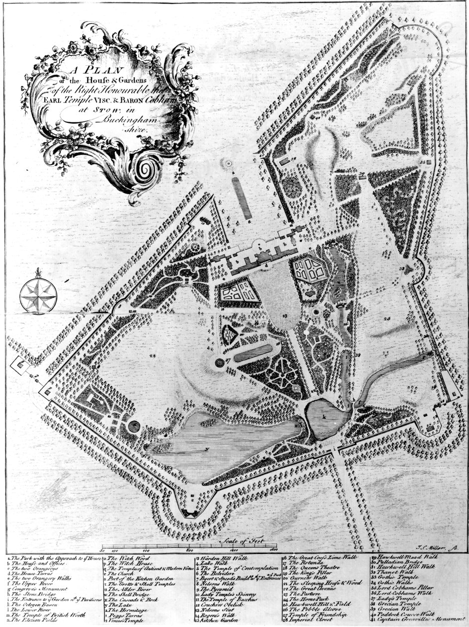 En plan for huset og haverne i Stowe, Buckinghamshire af Johann Sebastien Muller