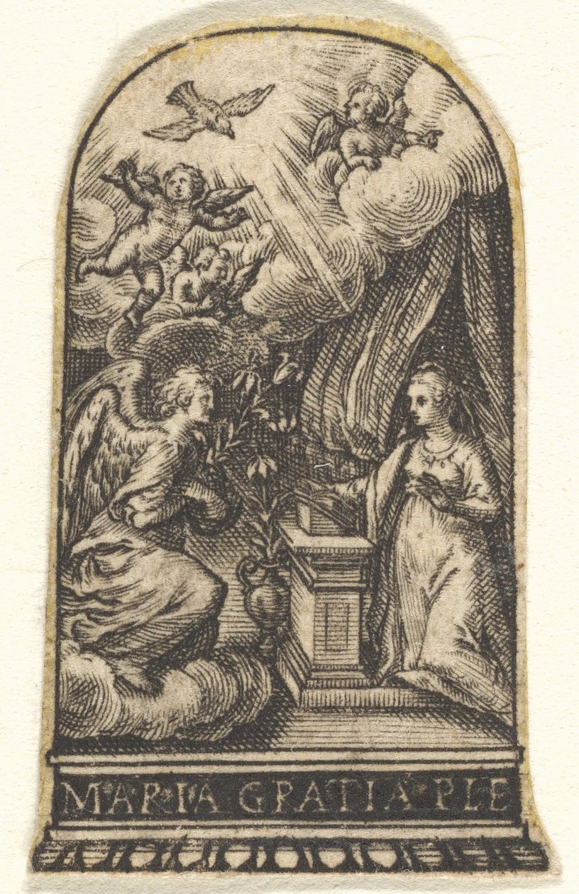 Bebudelse, Mary knæler ved en talerstol, da Gabriel nærmer sig på en sky fra ..., ca. 1580-1600. af Johann Theodor de Bry