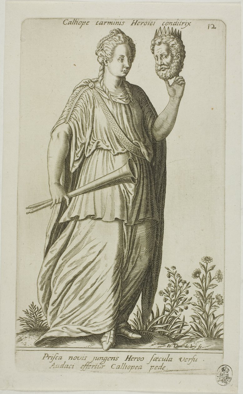 Calliope, Muse of Epic Poetry, plade 12 fra Parnassus Biceps af Johann Theodor de Bry
