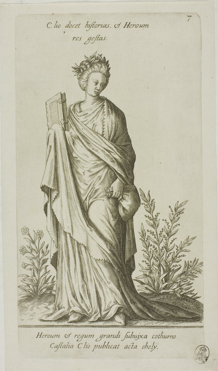 Clio, historiens muse, plade 7 fra Parnassus Biceps af Johann Theodor de Bry