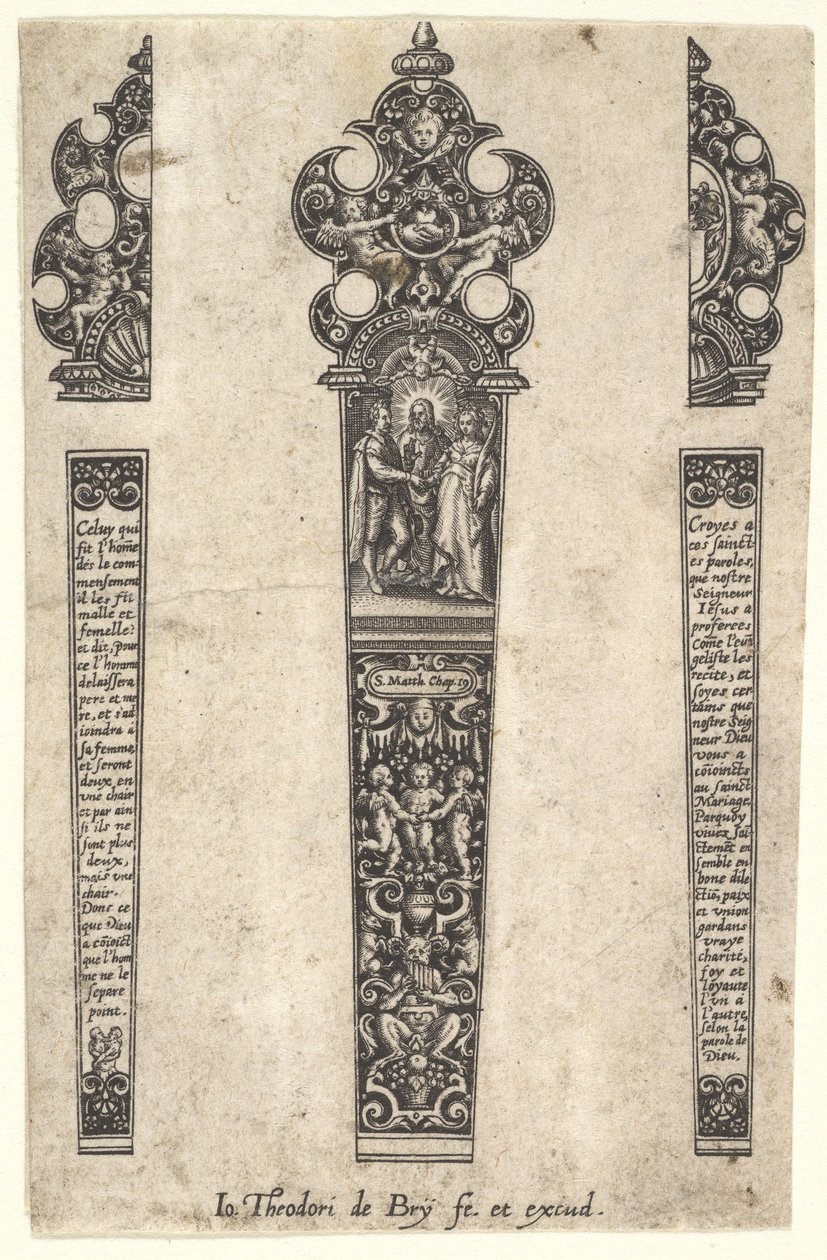 Design til knivskaft til minde om et ægteskab, ca. 1580-1600. af Johann Theodor de Bry