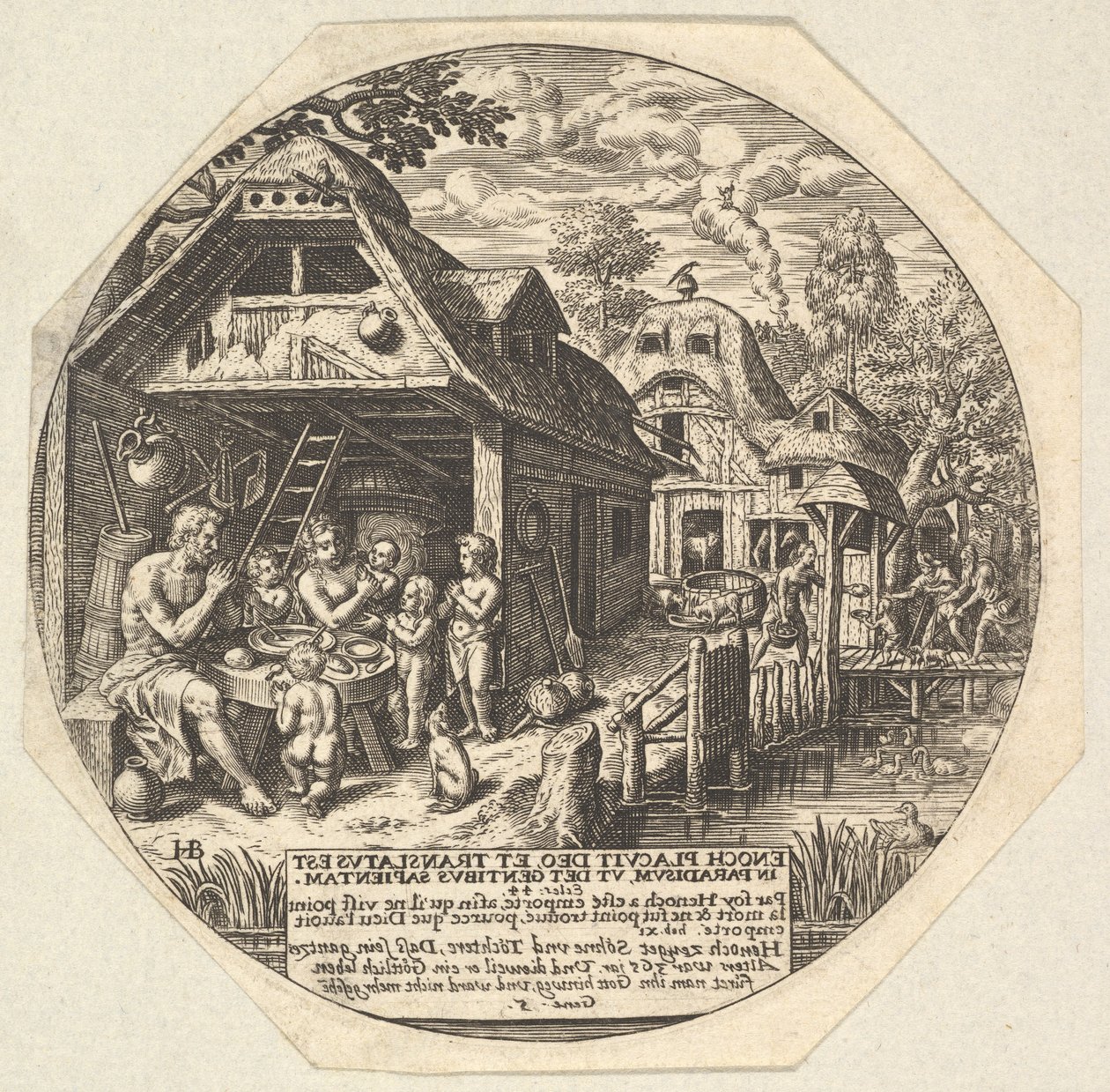 Enoch og hans familie omringer et måltidsbord og holder deres hænder i en gestus..., ca. 1580-1623. af Johann Theodor de Bry
