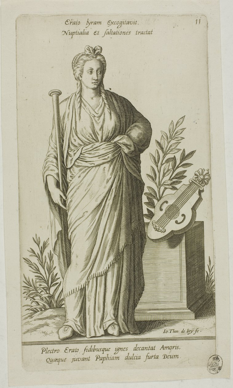 Erato, Muse of Lyric Poetry, tallerken 11 fra Parnassus Biceps af Johann Theodor de Bry