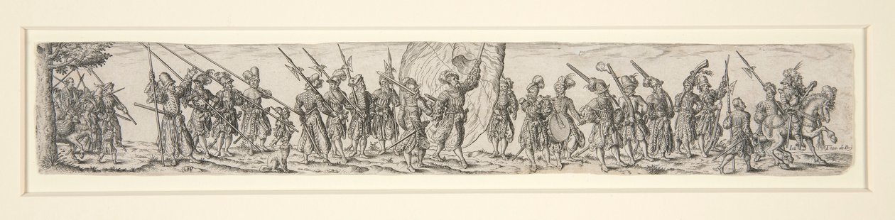Marcherende soldater med en fanebærer af Johann Theodor de Bry