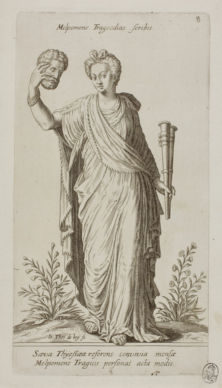 Melpomene, Muse of Tragedy, plade 8 fra Parnassus Biceps af Johann Theodor de Bry