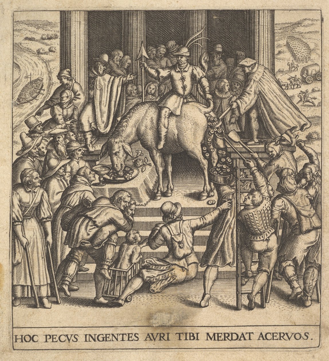Mænd, der samler møg, der falder fra bagparten af et muldyr, med en rytter siddende ba..., 1592-1614. af Johann Theodor de Bry