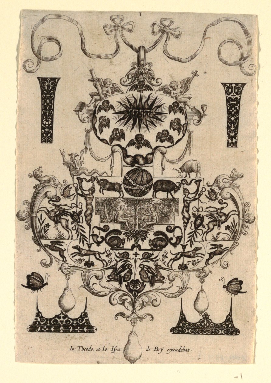 Pendant design with the Temptation, Plade 1, fra en serie på otte vedhængsdesigns med kardinaldyderne af Johann Theodor de Bry
