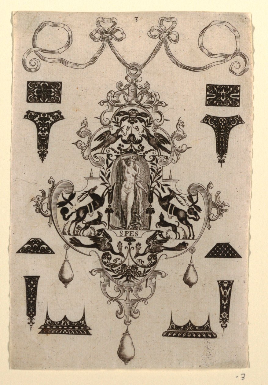 Pendeldesign med dyden håb, plade 3, fra en serie på otte vedhængsdesign med kardinaldyderne af Johann Theodor de Bry