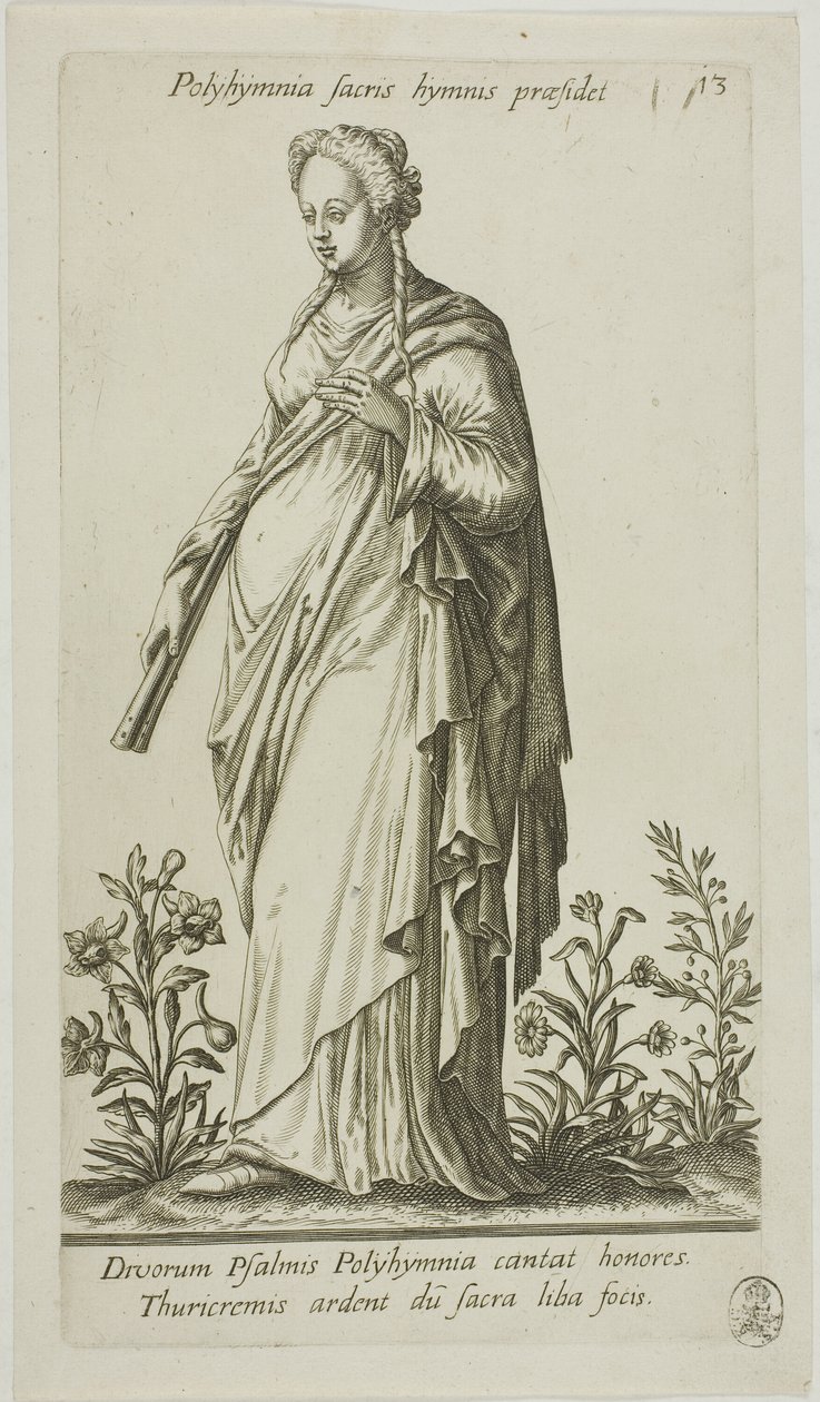Polyhymnia, Muse of Hymns, plade 13 fra Parnassus Biceps af Johann Theodor de Bry
