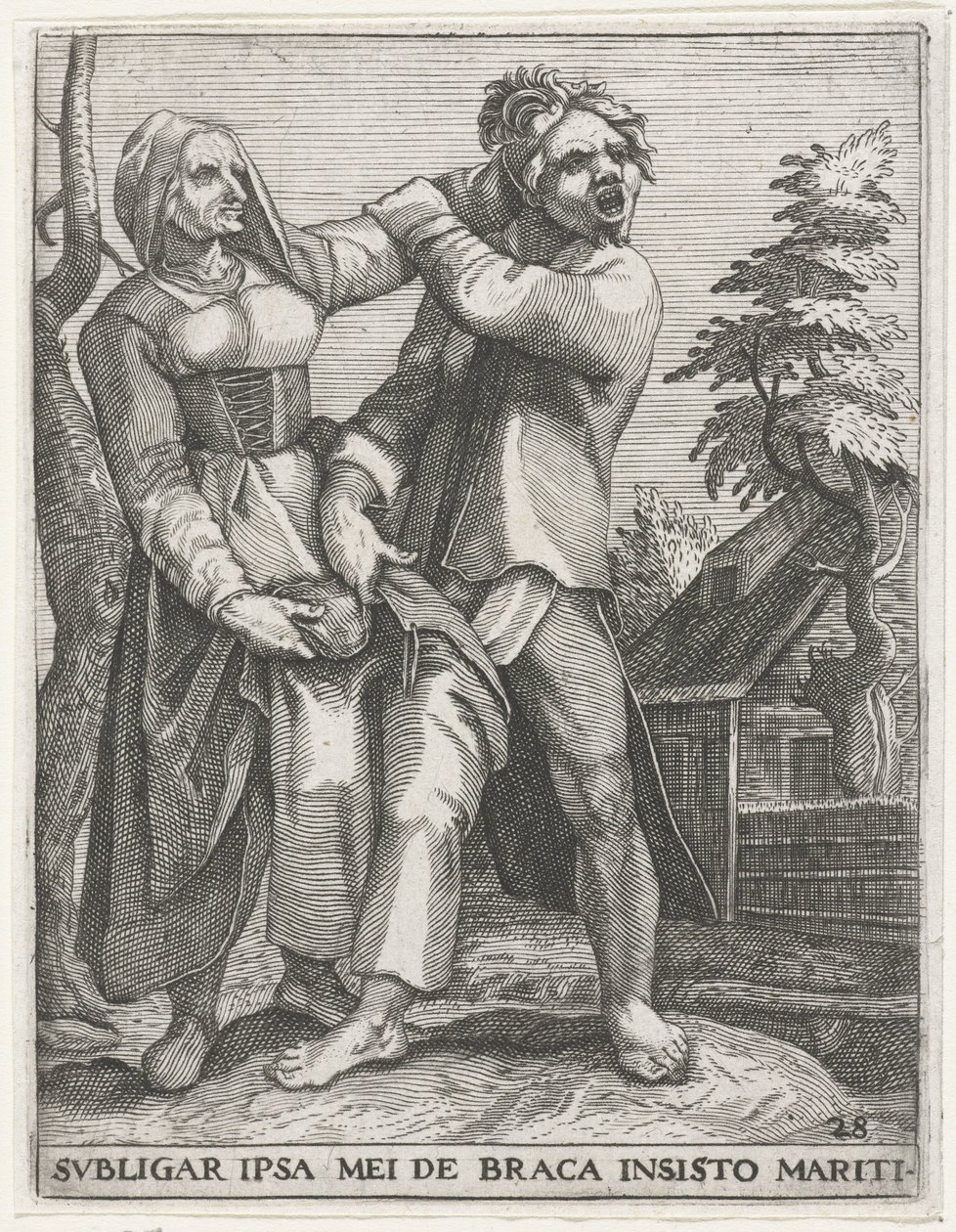 Strijd om de broek JEG VIL BINDE MIG PÅ MIN MANDS INSISTERENDE BUKSER (titel på objekt) Secular Emblems, 1596 (serietitel) af Johann Theodor de Bry