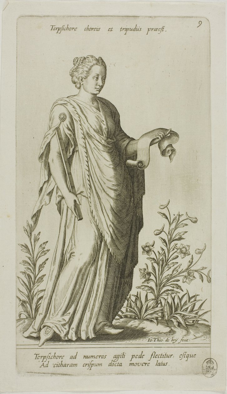 Terpsichore, Muse of Dance, plade 9 fra Parnassus Biceps af Johann Theodor de Bry