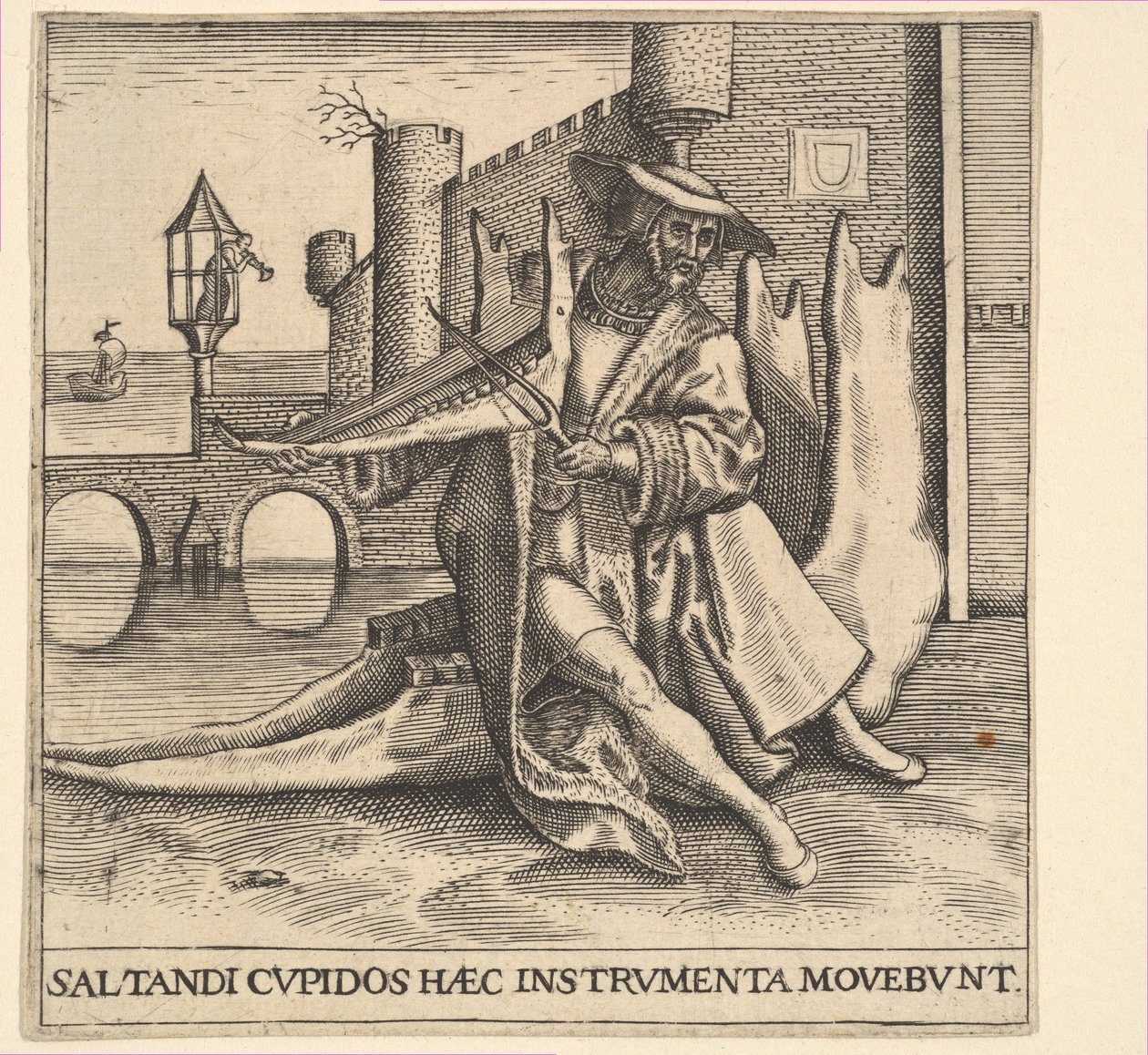 Den rige mand spiller violin på et kæbeben. af Johann Theodor de Bry